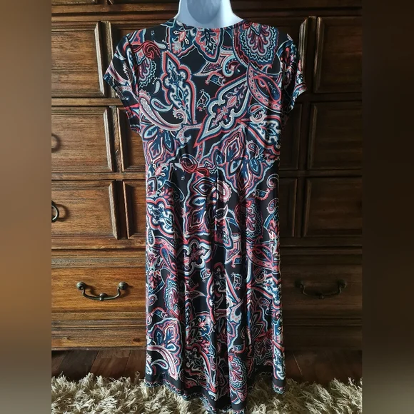 INC Wrap V Neck Cap Sleeve Embellished Paisley Print Knee Length Stretch Size L - Picture 6 of 7